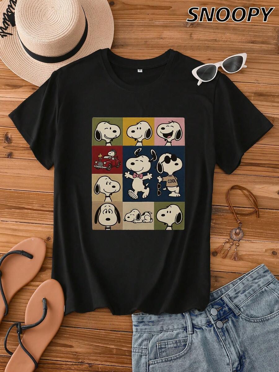Simple T-Shirt Short Sleeve Snoopy Car Cute Top Print Casual Versatile Shirt - Black - View 1