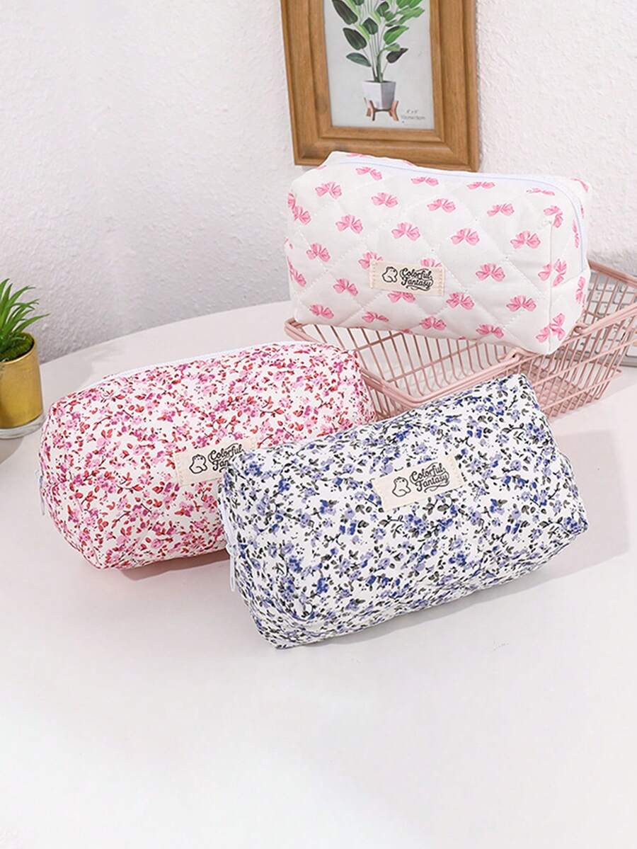 1PC Vintage Floral Pattern Pencil Case, Quilted Storage Bag, Portable Stationery Bag For Students, Back-To-School Essential Study Supplies - Multicolor - View 1