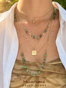 1pc Light Green Asymmetrical Multi-Layer Long Necklace With Gold Square Pendant, Cool Atmosphere Women's Accessory, Suitable For Vacation, Commuting, Daily Minimalist Outfit - Multicolor - View 3