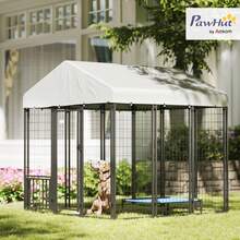 PawHut 6' X 6' X 6' Dog Run Outdoor, Large Outdoor Dog Kennel Welded Wire Steel Fence With UV-Resistant & Waterproof Cover, Rotating & Adjustable Bowls, Secure Lock, Silver - 銀色 - 查看 2