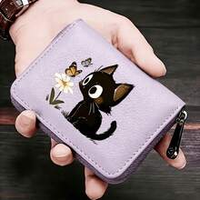 Cute Black Cat & Daisy Butterfly Print PU Leather Zipper Wallet, Women's Mini Card Holder & Coin Purse - Multicolor - View 4