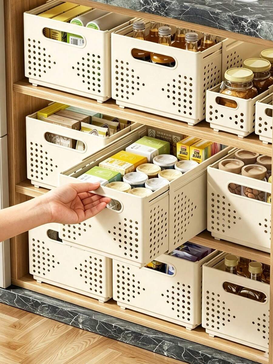 1個奶油風化妝品與雜物收納籃，附側把手，可伸縮可調長度，適用衣櫃、臥室、衣櫥與居家日常收納，廚房必需品，房間裝飾