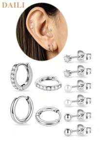 DAILI 4-10 Pairs Women's Small Flat Back Stud Earrings, Hypoallergenic Stainless Steel Earring Set, Includes Hoop And Cartilage Earrings, Suitable For Multiple Piercings, Gift Box - Silver - View 20