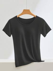Summer Fashion Round Neck Short Sleeve T-Shirt, With Fixed Non-Removable Chest Pads, Soft And Comfortable, Suitable For All-Day Wear And Sports Black - Black - View 5