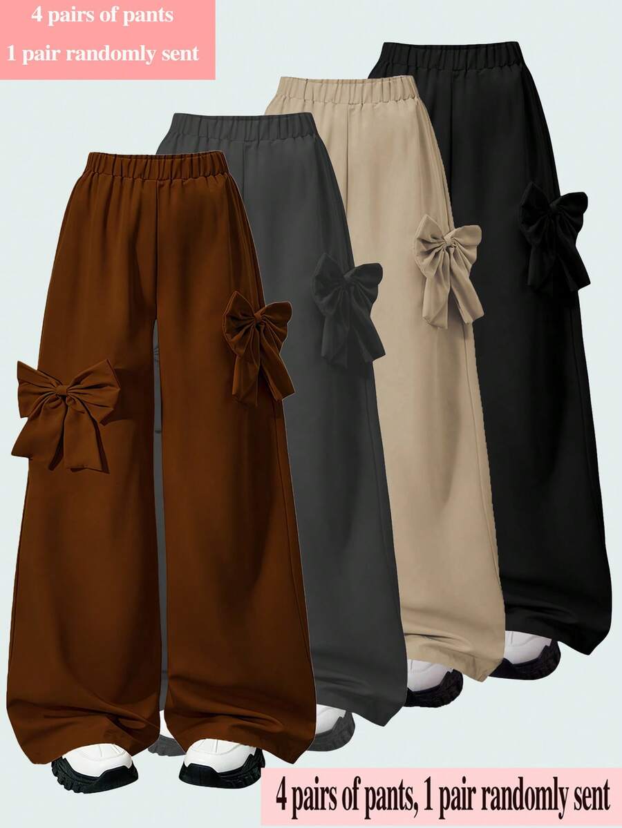 Lurzo Fashion Sweet Girl Casual Minimalist Bowknot Pink Wide Leg Pants, Suitable For Spring And Autumn Outdoor, Party, Campus And Daily Wear - Brown - View 1