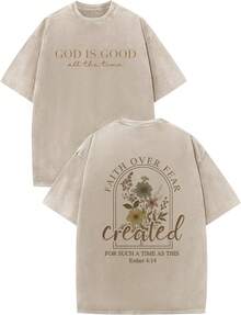 Vintage Acid Washed Cotton Tee, God Is Good Trust In The Lord Floral Christian Double Sided Print Casual Streetwear Tops For Women Classy, Fall Outfit - Apricot1 - View 1