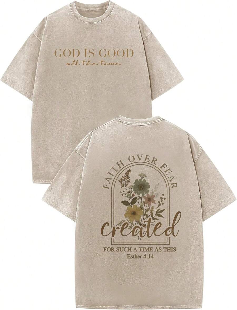 Vintage Acid Washed Cotton Tee, God Is Good Trust In The Lord Floral Christian Double Sided Print Casual Streetwear Tops For Women Classy, Fall Outfit - Apricot1 - View 1