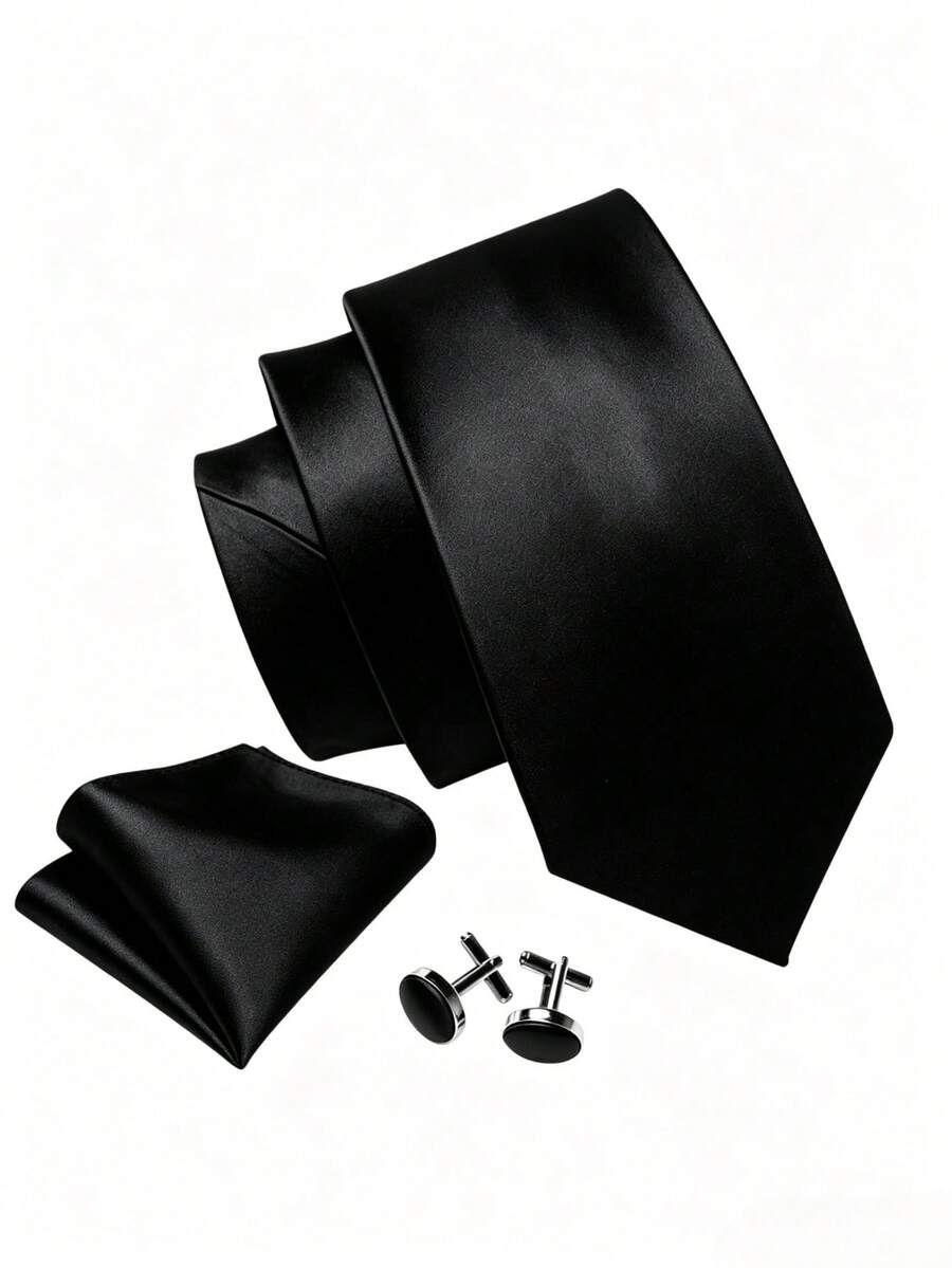 1pc Barry Wang Silk Men's Tie Set, Gold & Dark Green Solid Color Tie, Pocket Square, Cufflinks Set, Wedding, Business, Banquet - Black - View 1