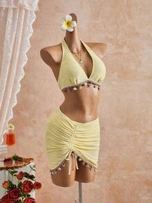 Set Bikini 3 Potong Wanita Warna Kuning Murni dengan Leher Halter, Rok Berpotongan Rumbai Motif Bintang Laut dan Cangkang dengan Tali Serut, Kain Bertekstur, Cocok untuk Liburan Pantai dan Perjalanan Musim Panas - Kuning muda - View 9