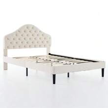 Upholstered Platform Bed Frame In Full Size With Adjustable Headboard, Velvet Single Bed With Wooden Slat Base, No Box Spring Needed, Easy Assembly, 140x200 Cm - 米色 - 查看 4