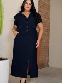 CONJUNTO PLU SIZE SAI E BLUSA DE TECIDO SEMSORIAR MARRANT - Azul Marinho - Visão 2