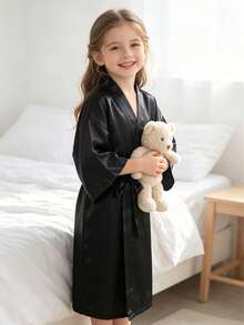 Young Girl Black Mid-Sleeve Long Robe - Multicolor - View 4