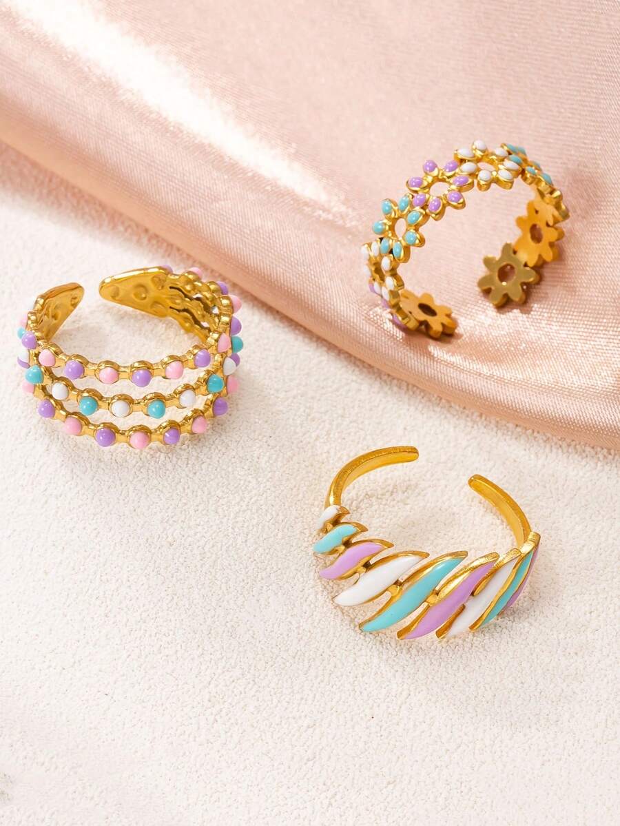 3 chiếc nhẫn hở, thiết kế chủ đề dầu nhỏ giọt nhiều màu, hình hoa và sóng - Một cỡ - Xem 1