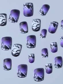 24pcs Short Square Crow Bat Dead Tree Branch Gradient Press-On Nails, Halloween Gothic Style Festival Nail Art - Multicolor - View 3
