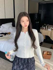 韓系簡約溫柔女款長袖開襟羊毛衫 白色 - 白色 - 查看 1