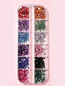 12-Grid Mixed Color Flat Bottom Acrylic Nail Rhinestone Set, Mini Round Nail Gems, 12 Vibrant Bright Colors DIY Japanese Nail Art Decoration, Salon And Home Nail Design Supplies - Multicolor - View 6