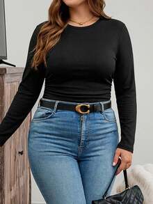 Plus Size Women Solid Round Neck Ribbed Long Sleeve Slim Fitted Basic Tee, Casual Stretchy Layering Top - Black - View 3