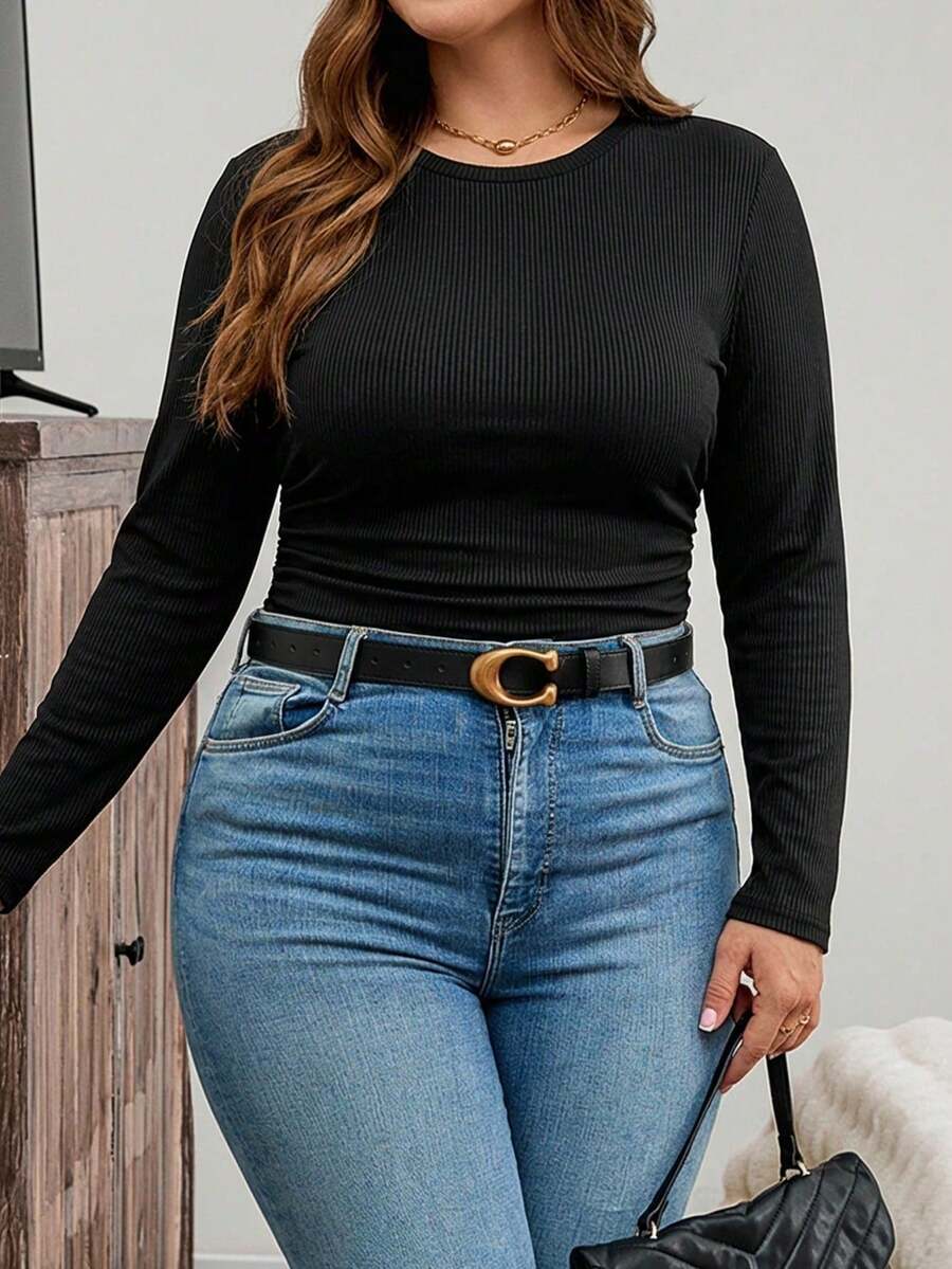 Plus Size Women Solid Round Neck Ribbed Long Sleeve Slim Fitted Basic Tee, Casual Stretchy Layering Top - Black - View 1