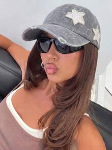 1pc Washed Baseball Cap, Distressed Star Patch Vintage Dad Hat, Y2K Street Style Distressed Pointed Cap, Women's Daily Outdoor Style - Star Patch Baseball Cap - View 9