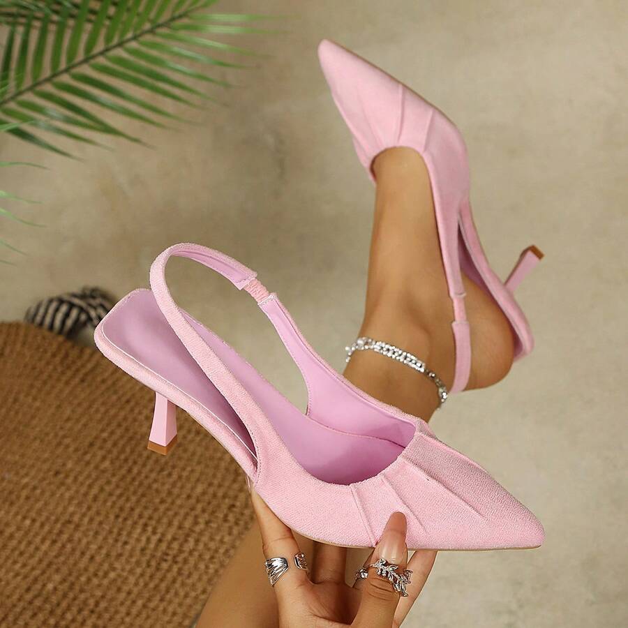 Outdoor Party Apricot Pointed Toe Solid Color Slingback High Heel Pumps - Pink Pleated - View 1