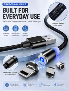 Kabel Pengisian Magnetik 3-in-1, Kabel Pengisi Daya Cepat Jalinan Nilon Berputar dengan Konektor Tipe C, Micro USB, dan Lightning, Kabel Pengisian Daya Ponsel Magnetik Kuat untuk Smartphone dan Tablet - Hitam - View 2