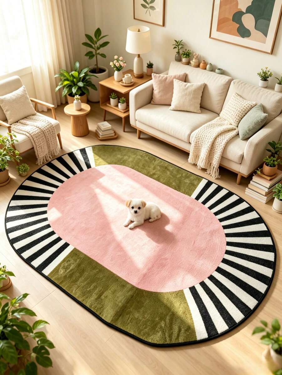 1 pieza Alfombra de área ovalada a rayas rosa y verde, alfombra para sala de estar, alfombra lavable, decoración del hogar