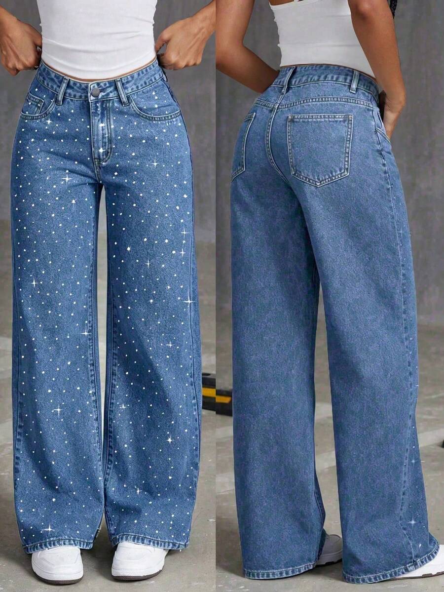 Fashionable Rhinestone Embellished Loose Wide-Leg Jeans For Teenage Girls - Dark Wash - View 1