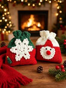 10/1pc Handmade Crochet Knitted Drawstring Storage Bag, Square Mini Soft Woven Pouch With Pom Pom Drawstring, 3D Santa Claus Snowflake Gingerbread Man Christmas Tree Applique Decor, Small Coin Purse, Christmas Holiday Party Decoration Gift Bag - Multicolor - View 7