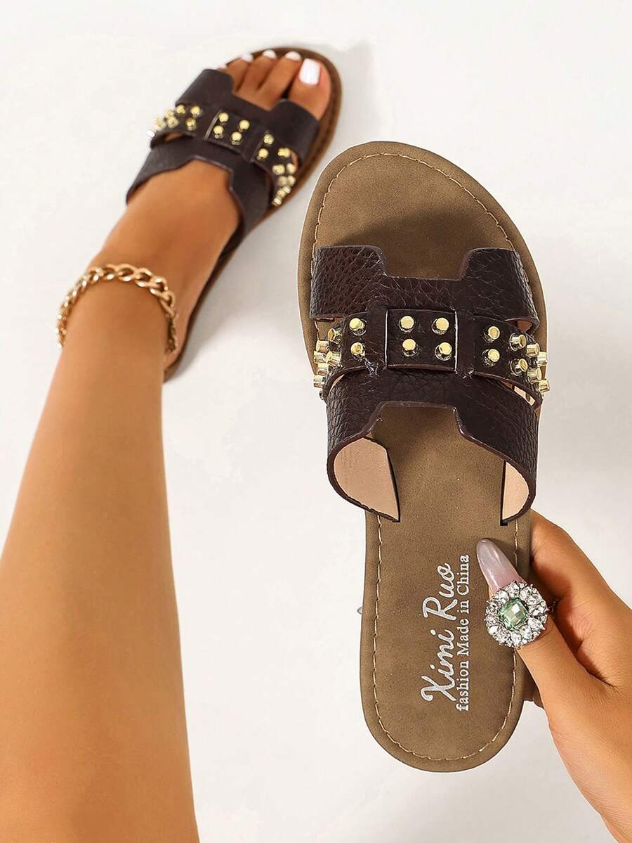 Ximi Ruo Sandalias planas tipo slide de estilo coreano casual para mujer, zapatillas de verano para exteriores con punta abierta, sandalias romanas tejidas nuevas de primavera/verano, zapatos de mujer de estilo francés de moda para combinar con faldas para salidas, playa, apartamento, zapatos planos de exterior de color marrón - Café integral - Ver 1
