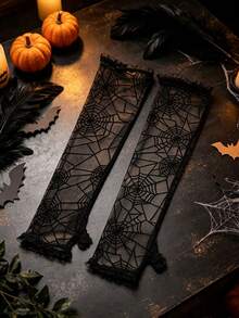1 Pair Black Spider Web Lace Fingerless Gloves With Ruffled Half-Finger Lace Long Arm Sleeves, Gothic Punk Style Arm Warmers, Halloween Accessory, Suitable For Halloween Wear - Black - View 7
