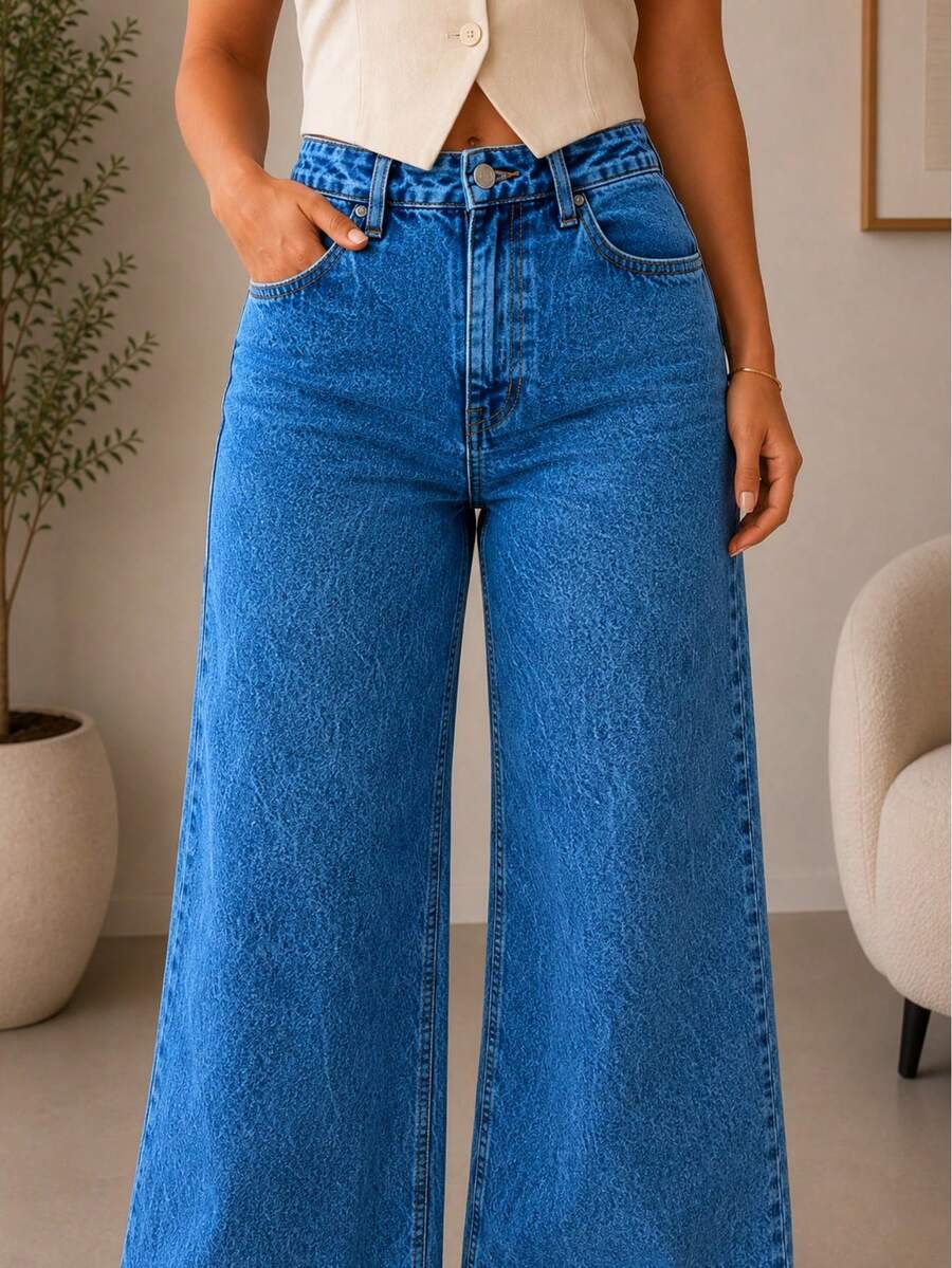 Calça Jeans Feminina Wide Leg 100% Algodão Lavagem Marmorizada Premium Empina Bumbum Sem Lycra Cintura Alta Bolsos Funcionais Pantalona Boca Larga Elegante Sofisticada