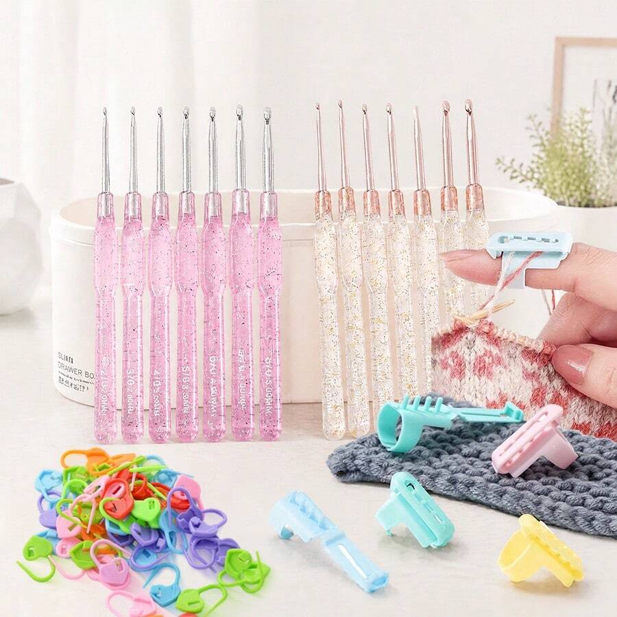 7件組鉤針套組附30個針標記環 + 3個毛線分隔器 DIY 毛線鉤針工具 - 多色 - 查看 1