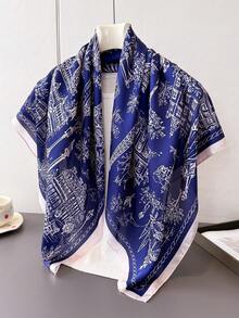1pc Women's Landscape Pattern Faux Silk Square Scarf, Multi-Functional Fashion Headband Sun Protection Shawl, Suitable For Daily Wear, Vacation, Decorative Ribbon - Navy - View 6