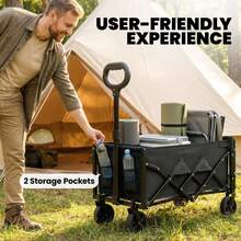 Outsunny 16 Gallon Folding Wagon Cart With Wheels, Heavy-Duty Collapsible Wagon With Drop-Down Tailgate, Adjustable Handle And Cup Holders, For Camping, Garden, Beach, Black - 黑色 - 查看 8