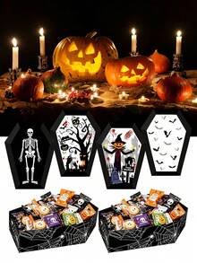 4pcs Halloween Coffin Shaped Cardboard Box Tray Set, Spider Web & Bat Print Storage Boxes; Halloween Party Display Trays, Halloween Tabletop Decor Plates, Halloween Gift Storage Boxes, Halloween Gift Packaging, Halloween Party Packaging Supplies - Multicolor - View 5