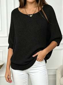 Plus Size Women's Casual Solid Color Loose Pullover, Spring/Summer Black Fall - Black - View 1