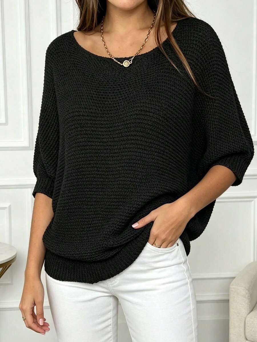 Plus Size Women's Casual Solid Color Loose Pullover, Spring/Summer Black Fall - Black - View 1