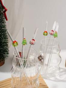 6PCS Clear Bent Glass Straw With Santa Christmas Tree Wreath Decor, Reusable Drinking Straw For Hot Cold Drinks Juice Milk Tea, Suitable For Wedding Birthday Party, Holiday Gift For Lovers Friends, Christmas Halloween Thanksgiving Back To School - Clear - View 3