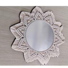 1pc Bohemian Style Wooden Printed Tassel Wall Mirror, Faux Woven Hanging Mirror, Living Room Bedroom Wall Decor, Premium Wall Decoration, Suitable As Thanksgiving, Christmas, Halloween Gift, Also For Bedroom Decoration, Ideal Gift For Friends And Family - Beige - View 8