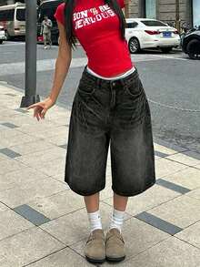 Teen GirlTrendy Distressed Black Oversized Wide Leg Denim Capri Pants, Streetwear Style - Dark Grey - View 3