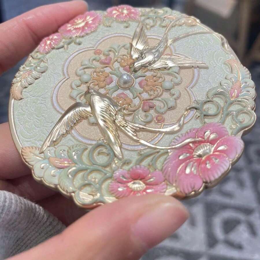 1/2pcs/Set Chinese Style Decorative Makeup Mirror, Fashionable Handheld Mirror, Round Makeup Mirror, Decorated With Floral And Bird Patterns, Made With Enamel Craft, One Mirror And One Protective Case