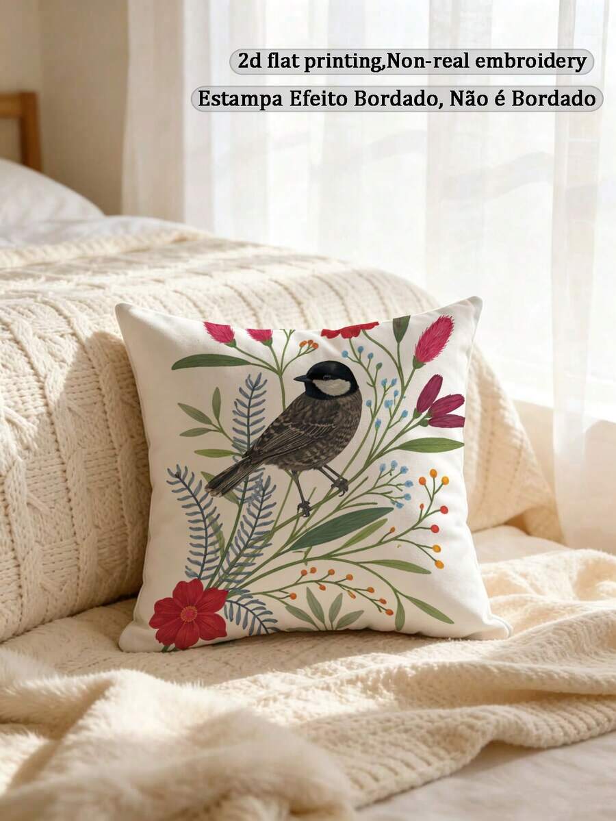 1pc Vintage Botanical Style Robin & Wildflower Pillowcase, Watercolor Bird & Mixed Floral Leaf Pattern Printed Throw Pillow Cover, Country Farmhouse Spring Style Sofa Decor (Pillow Insert Not Included) - Multicolor - View 1