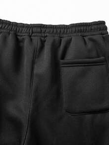 Men's Velvet Lined Straight Leg Sweatpants, Drawstring Elastic Waist Casual Pants, Embroidered Decor, Split Hem Joggers - Black - View 6