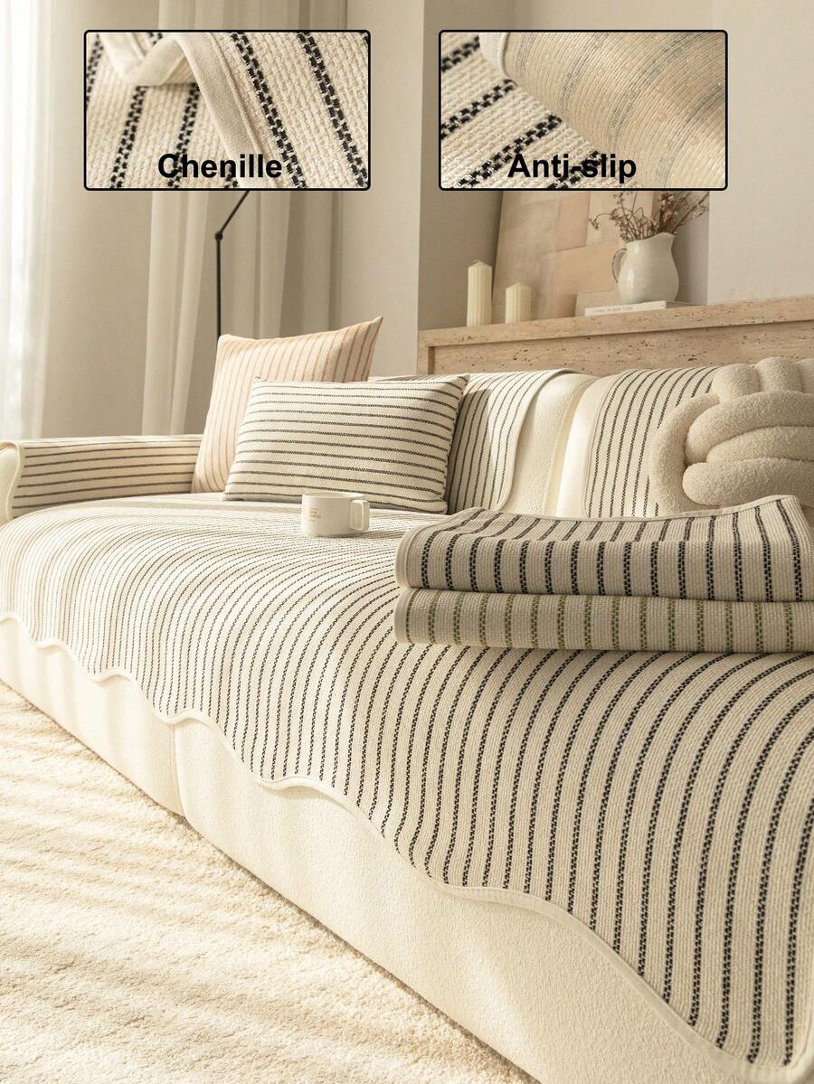 1pc Chenille Striped Pattern All-Season Sofa Cover, Minimalist Solid Color 3D Design, Pet-Friendly Stain-Resistant Scratch-Resistant, Suitable For Christmas New Year, Machine Washable, Fits 1/2/3/4 Seater Sofa - Black - View 1