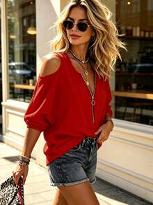Women's Cold Shoulder Top, Casual Vacation Style, Solid Color, Front Zipper, Short Sleeve T-Shirt - Red - View 5