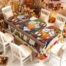 1/2pcs Autumn Tablecloth, Autumn Harvest Theme Tablecloth, Polyester Material, Three Little Gnomes Wearing Hats Sitting On A Bench Holding Pumpkin, Maple Leaf, Sunflower, Black Bird, Pine Cone Decor, Kitchen, Dining Room, Coffee Table, Dining Table, Picnic, Camping, Country Farmhouse Decoration, Thanksgiving Autumn Holiday Tabletop Protection Decor - Multicolor - View 5