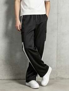 Men's Colorblock Side Stripe Cargo Wide Leg Pants, Elastic Drawstring Waist Multi-Pocket Street Style Loose Straight Leg Long Pants - Black - View 5