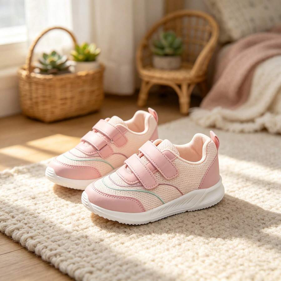 Girls' Pink Double Hook-And-Loop Athletic Shoes, Mesh Breathable Lightweight Soft Sole Casual Sneakers - Pink - View 1