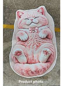 1pc Pink And White Cat Lying Down Floor Mat, Living Room Rug, Carpet, Area Rug, Small Area Rug, Mat, Home Decor, Large Living Room Rug, Round Rug, Living Room Home Decor, Room Decor, Washable Rug, Halloween Gift - Lying down Pink and White Cat - View 2