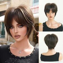 NAMM Short Bob Platinum Blonde Wigs For Women Layered Pixie Cut Wig With Curtain Bangs Natural Looking Synthetic Heat-Resistant Wigs For Daily Party Use 10 Inch ( Dark Brown ) - Multicolor - View 12